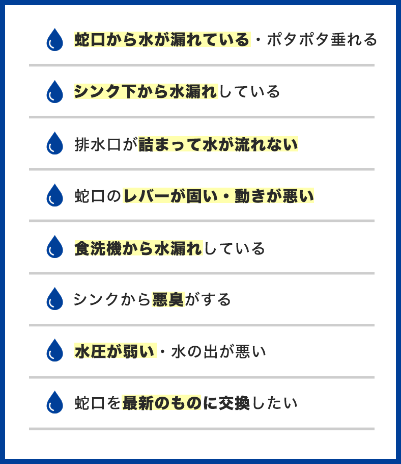 キッチンのトラブル事例一覧。蛇口から水が漏れている・ポタポタ垂れる、シンク下から水漏れ、排水口が詰まって水が流れない、レバーが固い・動きが悪い、食洗機から水漏れ、シンクから悪臭、水圧が弱い、蛇口を交換したい