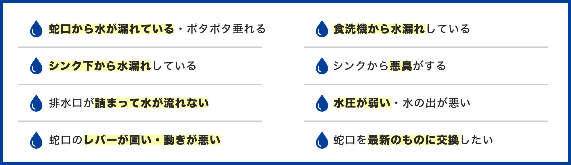 キッチンのトラブル事例一覧。蛇口から水が漏れている・ポタポタ垂れる、シンク下から水漏れ、排水口が詰まって水が流れない、レバーが固い・動きが悪い、食洗機から水漏れ、シンクから悪臭、水圧が弱い、蛇口を交換したい