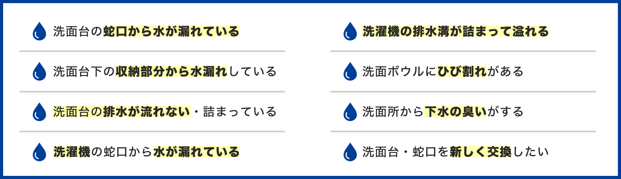 洗面所のトラブル事例一覧。洗面台の蛇口から水が漏れている、洗面台下の収納部分から水漏れ、排水が流れない・詰まっている、洗濯機の蛇口から水が漏れている、洗濯機の排水溝が詰まって溢れる、洗面ボウルにひび割れ、下水の臭い、洗面台・蛇口を交換したい