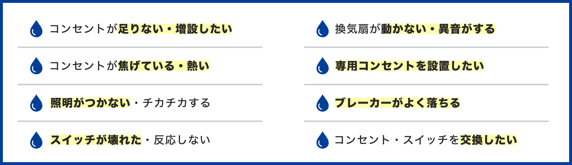電気工事のトラブル事例一覧。コンセントが足りない・増設したい、コンセントが焦げている・熱い、照明がつかない・チカチカする、スイッチが壊れた・反応しない